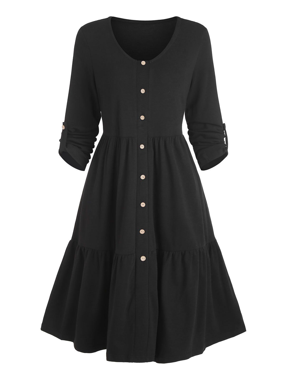 Mock Button Roll Up Sleeve Flounce Hem Dress - BLACK S