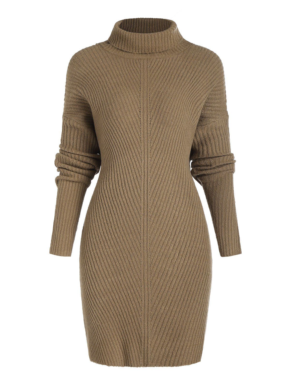 Drop Shoulder Turtleneck Ribbed Sweater Dress - LIGHT COFFEE XL