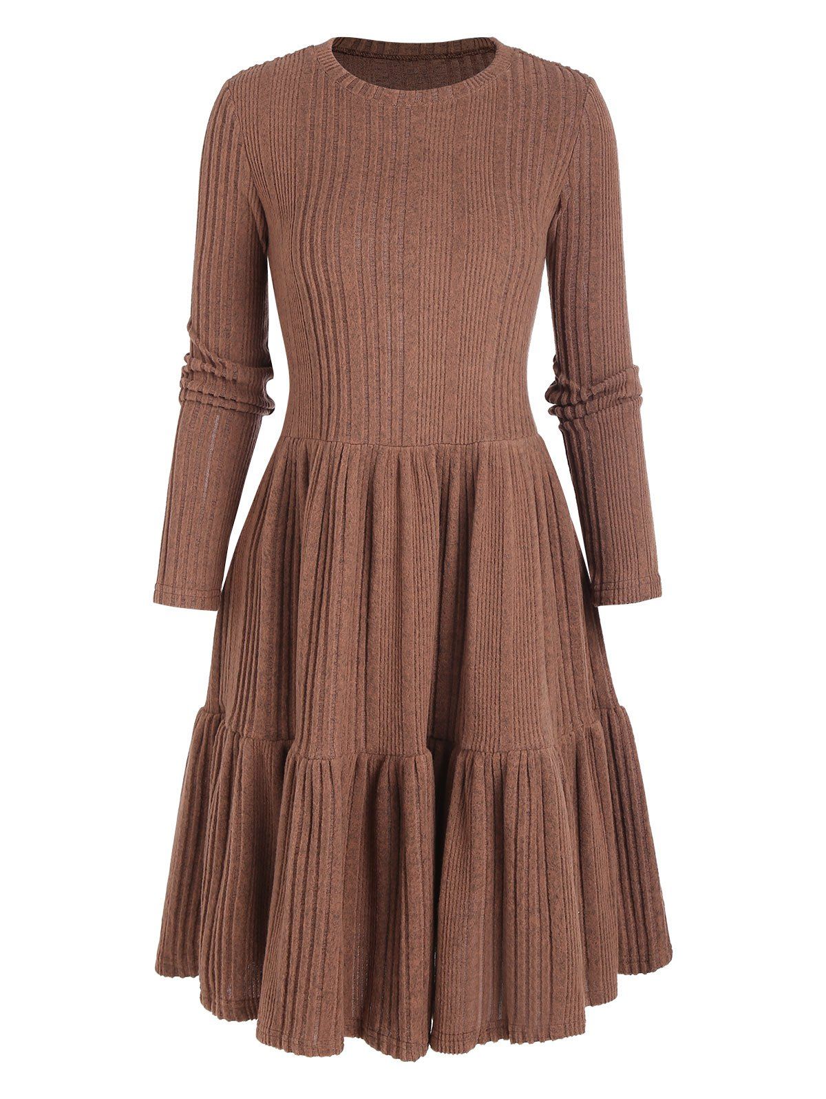 Rib Knit Flounce Mini A Line Dress - COFFEE M
