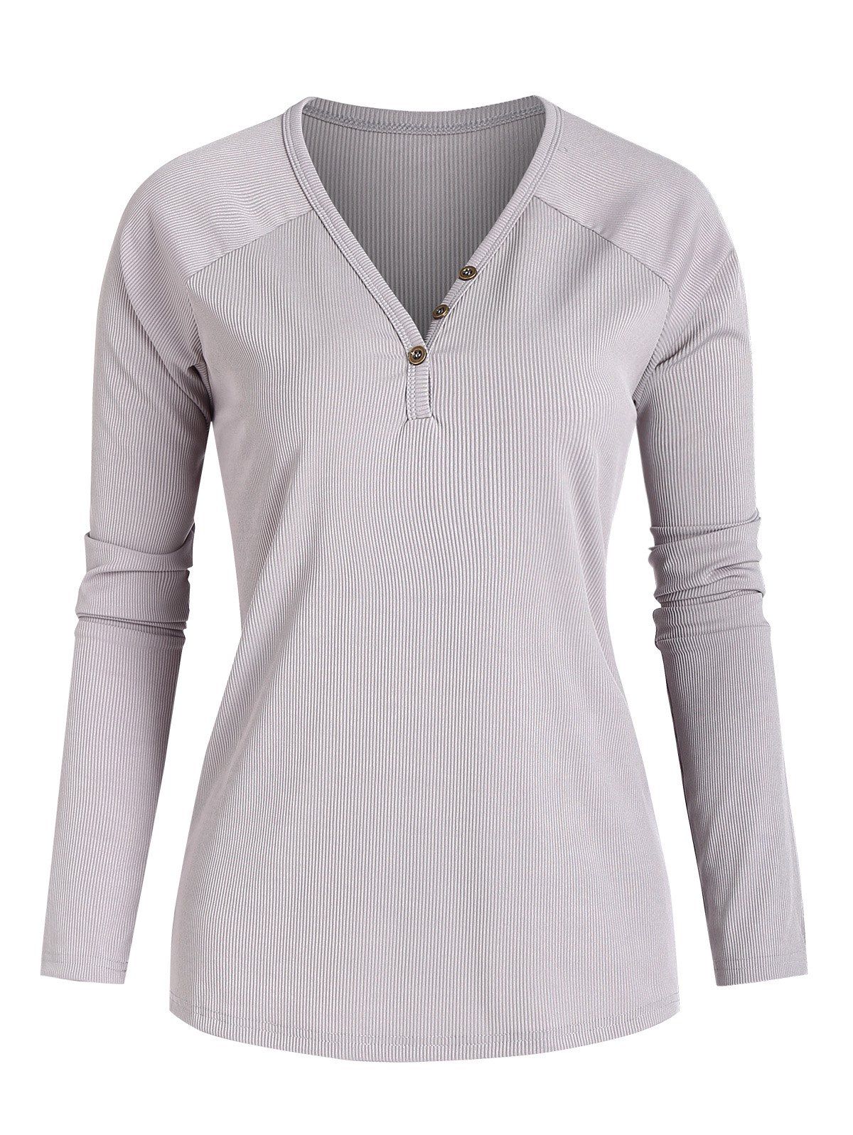 Ribbed Mock Button Raglan Sleeve T Shirt - LIGHT GRAY XL