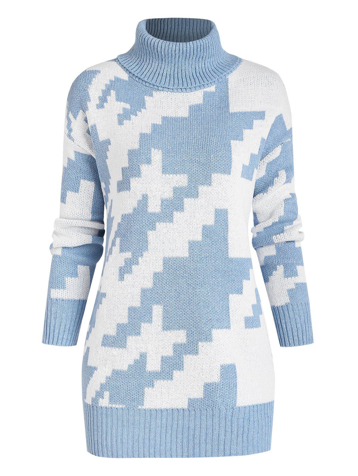 Turtleneck Geometric Jacquard Sweater - LIGHT BLUE L