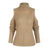 Cold Shoulder Turtleneck Cable Knit Sweater - LIGHT COFFEE S