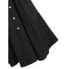 Mock Button Roll Up Sleeve Flounce Hem Dress - BLACK M