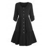 Mock Button Roll Up Sleeve Flounce Hem Dress - BLACK L