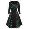 Robe Vintage à Carreaux Insérée avec Faux Bouton à Manches Longues en Ligne A - Vert Tortue de Mer M
