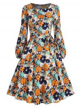 Belted Long Sleeve Floral Swing Dress