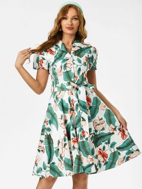 Tropical Print Belted Half Button Dress