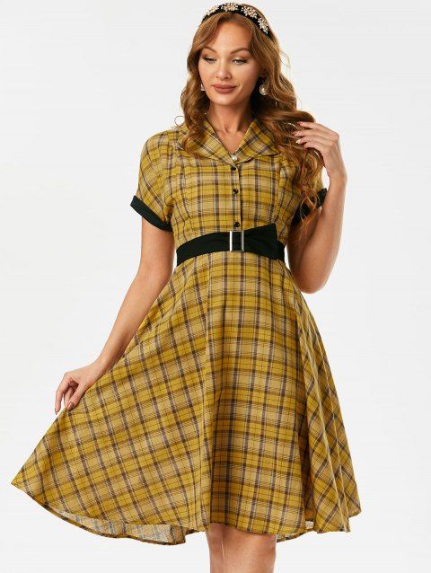 Plaid Print Vintage Dress Button Placket Short Sleeve Fit And Flare Dress Belted 1950s Dress