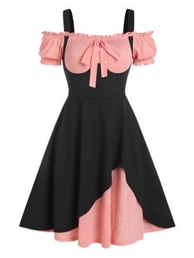 Vintage Colorblock Puff Sleeve Cutout Cold Shoulder Bowknot Twofer A Line Dress