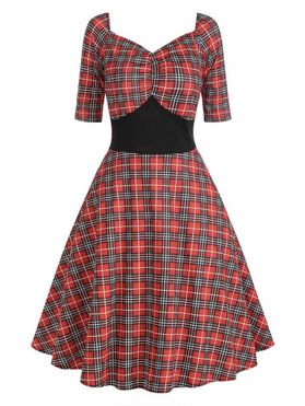 Vintage Dress Plaid Print Dress Ruched Empire Waist Dress Half Sleeve Dress