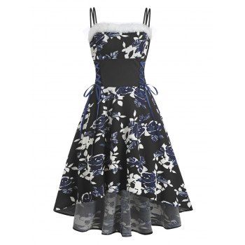 

Floral Print Lace Up Faux Fur Insert High Low Dress, Black
