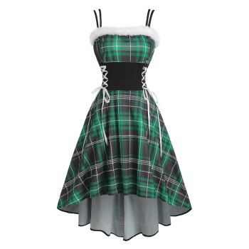 

Plaid Faux Fur Insert Lace Up High Low Dress, Deep green