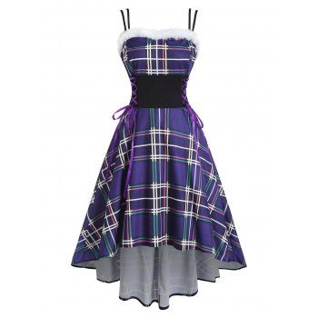 

Plaid Faux Fur Insert Lace Up Corset Waist High Low Dress, Purple