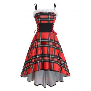 

Plaid Faux Fur Insert Lace Up Corset Waist High Low Dress, Red