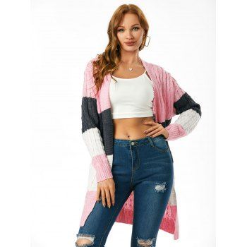 Colorblock Cable Knit Open Front Cardigan, Light pink