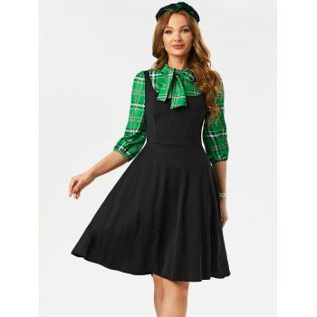 

Contrast A Line Knee Length Dress Plaid Insert Pussy Bow High Waist Dress, Green