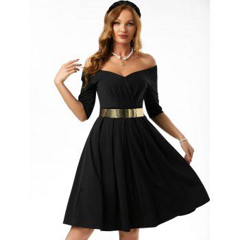 

Raglan Sleeve Off Shoulder Surplice Ruched A Line Dress, Black