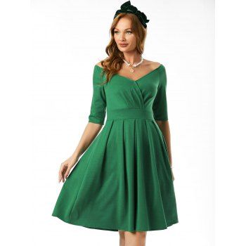 

Raglan Sleeve Off Shoulder Surplice Ruched A Line Dress, Green