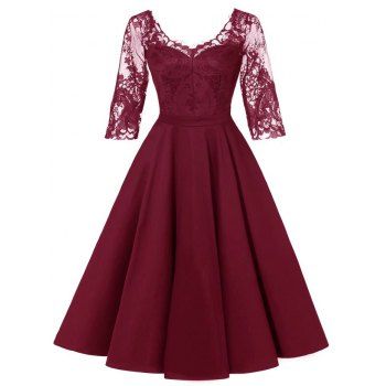 

Lace Insert Double V Neck Dress, Red