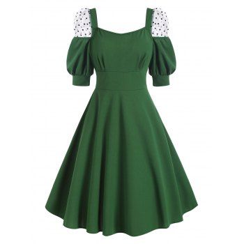 

Vintage Dress Puff Sleeve Milkmaid Dress Dotted Flocked Mesh Panel A Line Dress, Deep green