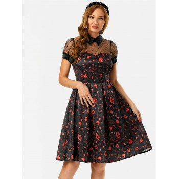 

Heart Dotted Mesh Insert Knee Length Dress, Red