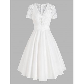 

Lace Insert Faux Pearl Embellished Ruched Dress, White