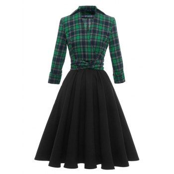 

Plaid V Notched Belted Rolled Cuff Dress, Green