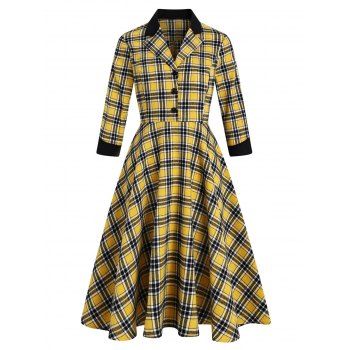 

Plaid Lapel Mock Button Rolled Cuff Dress, Yellow