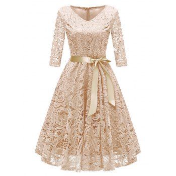 

Lace Overlay V Neck Belted Prom Dress, Light coffee