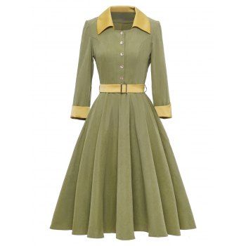 

Colorblock Rolled Cuff Belted Mock Button Dress, Light green