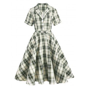 

Plaid Rolled Cuff Mock Button Belted Dress, Light green