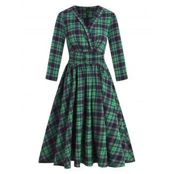 

Plaid Ruched Waist Surplice Dress, Green