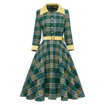 

Plaid Mock Button Belted Rolled Cuff Dress, Green