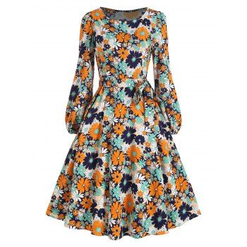 

Belted Long Sleeve Floral Swing Dress, Multicolor