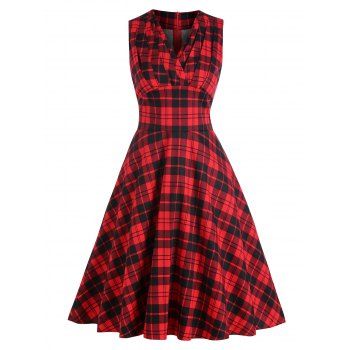 

Pintuck Plaid Tartan Surplice Dress, Red