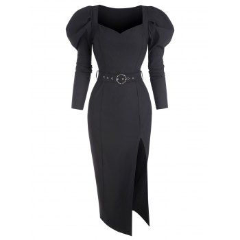 

Gigot Sleeve Slit Belted Midi Dress, Black