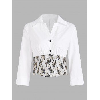 

Lace Insert V Notched Corset Style Shirt, White