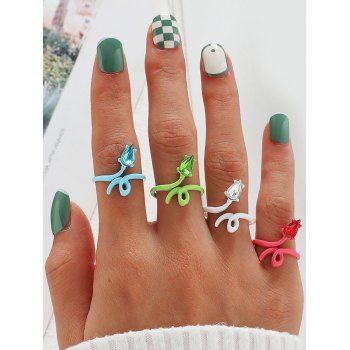 

4 Pcs Brief Rhinestone Snake Color Painted Ring Set, Multicolor a