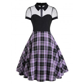 

Mesh Insert Plaid Dress, Light purple