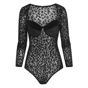 

Leopard Mesh Velour Cupped Bodysuit, Black