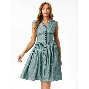 

Button Front Notched Collar Ditsy Floral Dress, Light blue