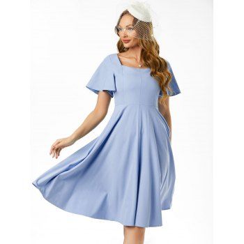 

Square Neck Flutter Sleeve Knee Length Dress, Light blue
