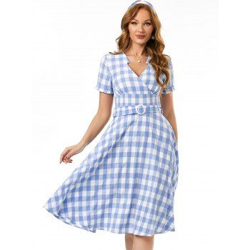 

Plaid O Ring Belted V Notched Surplice Dress, Light blue