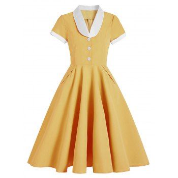 

Colorblock Mock Button Rolled Cuff Pocket Dress, Yellow