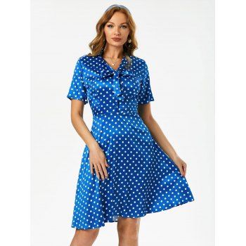 

Silky Polka Dot Bow Tie Dress, Blue