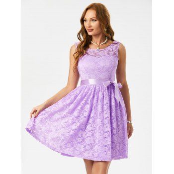 

Lace Overlay V Back Belted Dress, Light purple