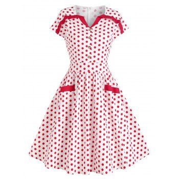 

Notched Collar Pockets Button Front Polka Dot Dress, Red