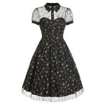 

Metallic Star Mesh Overlay Collared Dress, Black