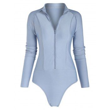 

Raglan Sleeve Front Zipper Bodysuit, Light blue