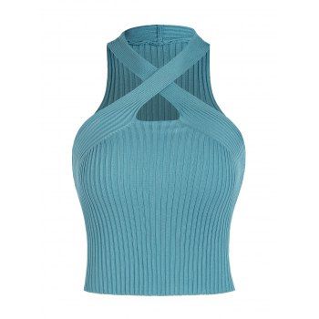 

Crossover Front Ribbed Knit Racerback Tank Top, Light blue